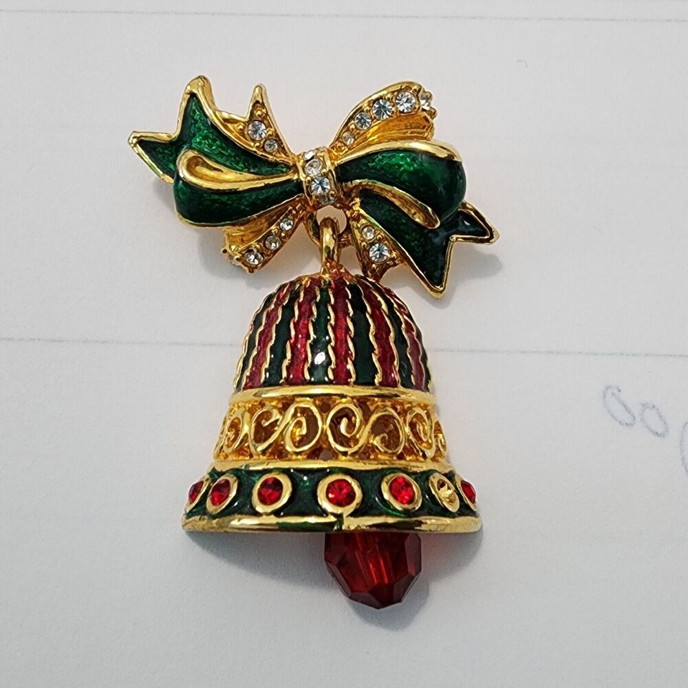 Vtg Christopher Radko Bell and Bow Christmas Brooch Goldtone Enamel Rhinestones